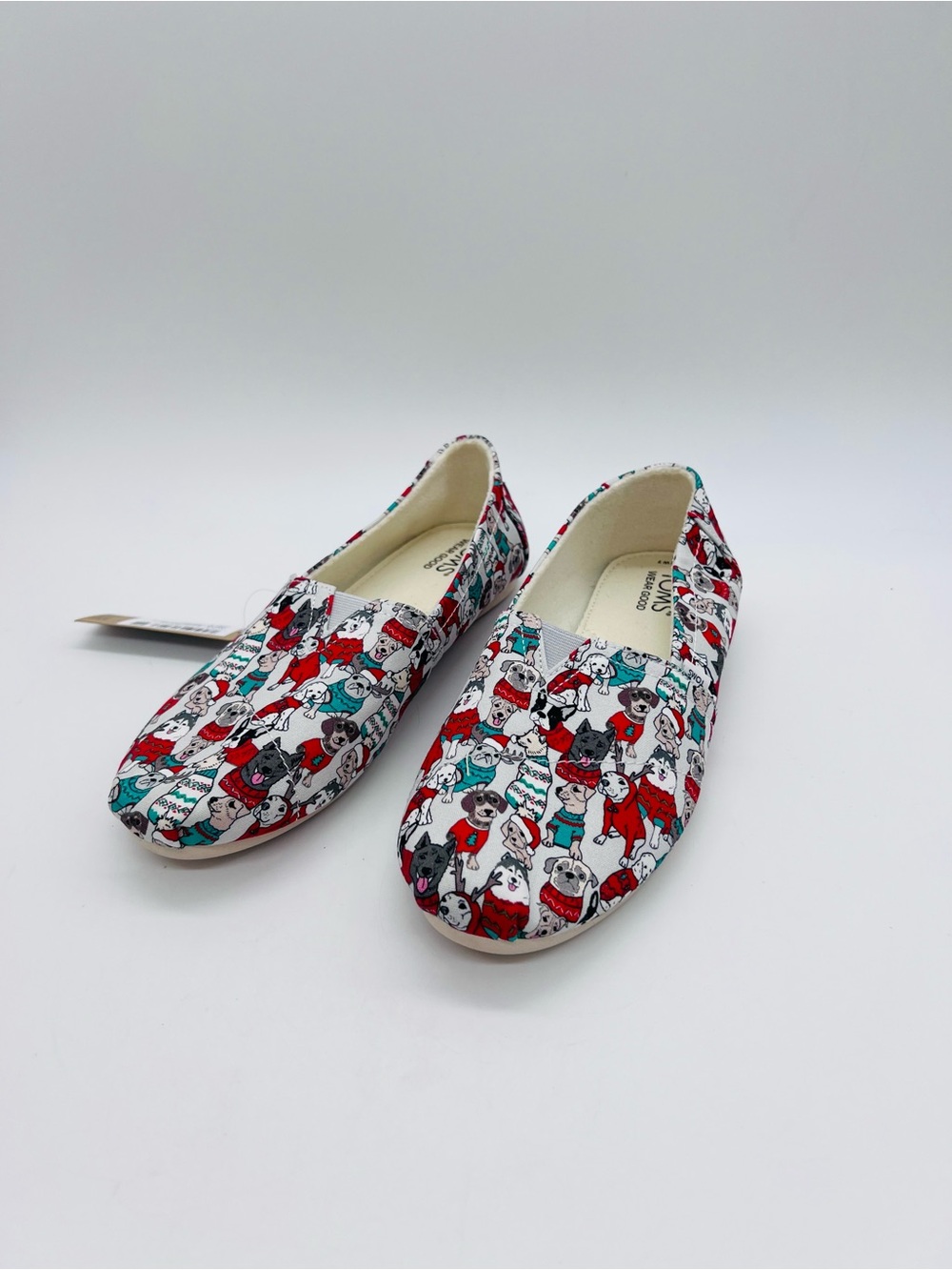 Toms Women's Sweater Dog Print Canvas Slip-Ons - Red/Teal/White Size 7